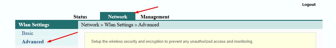 [Gambar: Menu Network > Wlan Settings > Advanced]