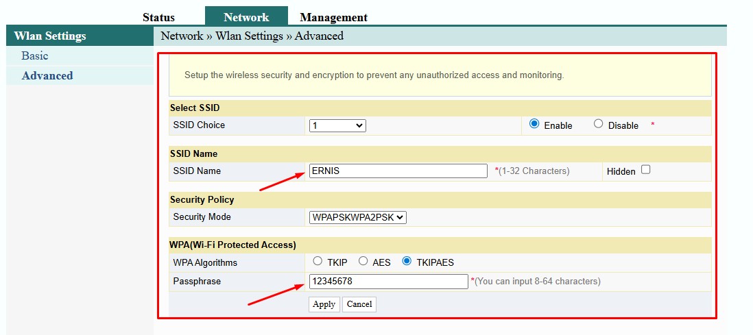 [Gambar: Kolom SSID Name & Passphrase]