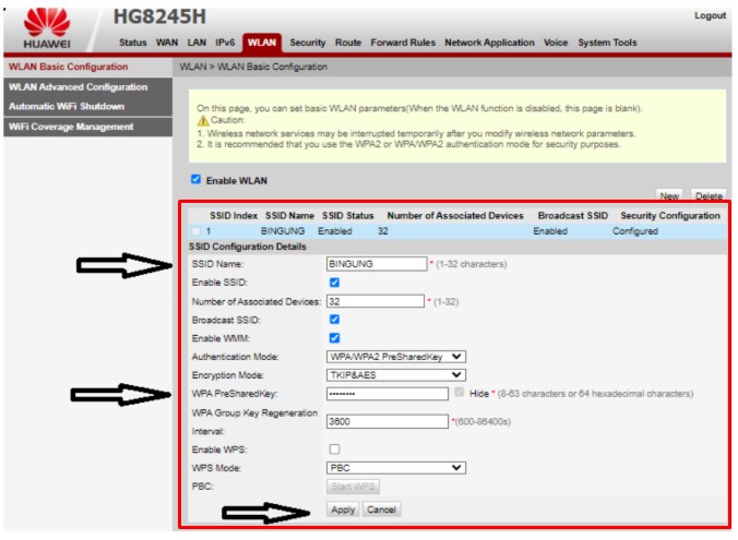 [Gambar: Kolom SSID & WPA PreSharedKey]