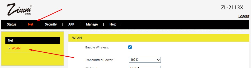 [Gambar: Menu Net > WLAN]